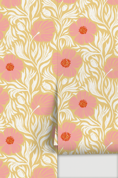 Matilija Wallpaper, butter yellow, pink & white