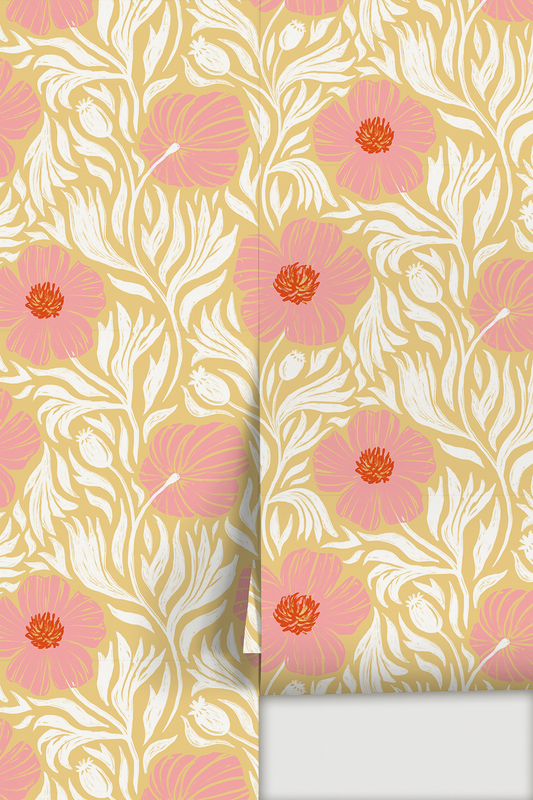 Papier peint Matilija, jaune beurre, rose et blanc