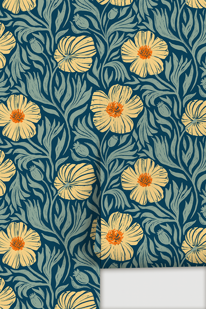 Matilija Wallpaper, navy, orange & mint