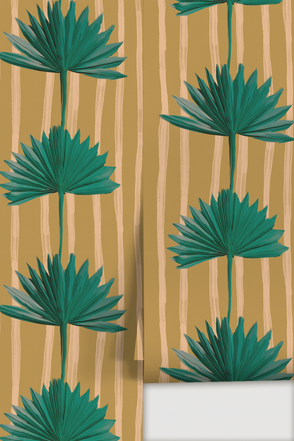 Papier peint à rayures de palmiers, moutarde et turquoise
