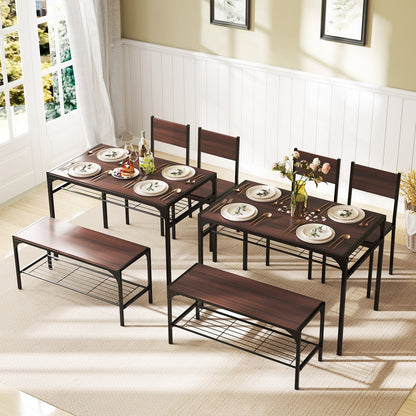 Industrial Style Rectangular Kitchen Table with Bench and Chairs-Walnut