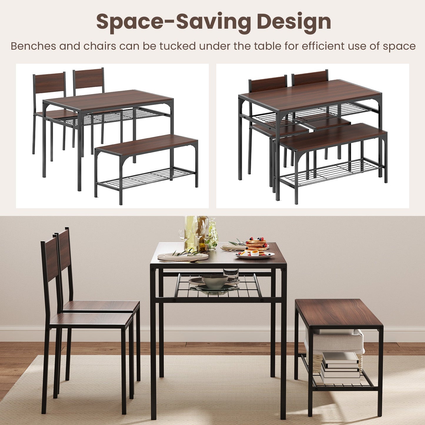 Industrial Style Rectangular Kitchen Table with Bench and Chairs-Walnut
