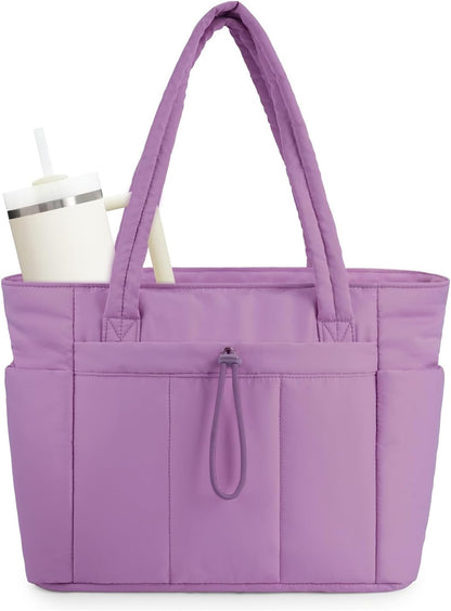 Quilted Puffer Tote Bag with Laptop Sleeve & Cup Holder 20L Travel Work