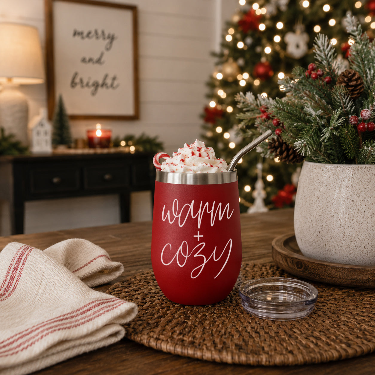 Warm + Cozy 17oz red tumbler by Gia Roma with metal rim, whipped cream, candy cane and straw on Tampa Home & Garden Store