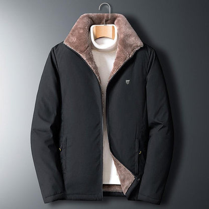 Stevvex men's black windproof fleece jacket with tan faux shearling collar zip front on Tampa Home & Garden Store