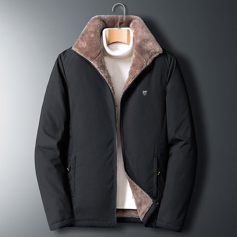 Stevvex men's black winter jacket with brown faux shearling collar and lining on Tampa Home & Garden Store