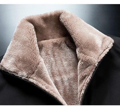 Stevvex men's fleece-lined winter jacket with tan plush interior and black windproof shell on Tampa Home & Garden Store