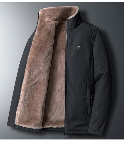 Stevvex men's black windproof fleece jacket with tan faux shearling lining and zip front on Tampa Home & Garden Store