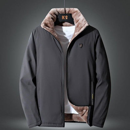 Men's windproof winter fleece jacket with brown faux fur collar, black shell on Tampa Home & Garden Store