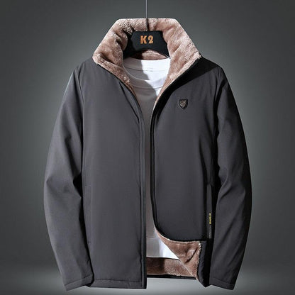 Stevvex men's winter windproof fleece jacket with brown faux-fur lining at collar on Tampa Home & Garden Store