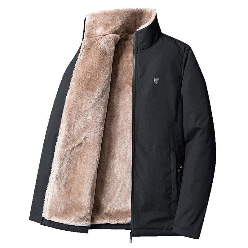 Stevvex men's black winter fleece jacket with tan faux fur lining, windproof warm coat on Tampa Home & Garden Store