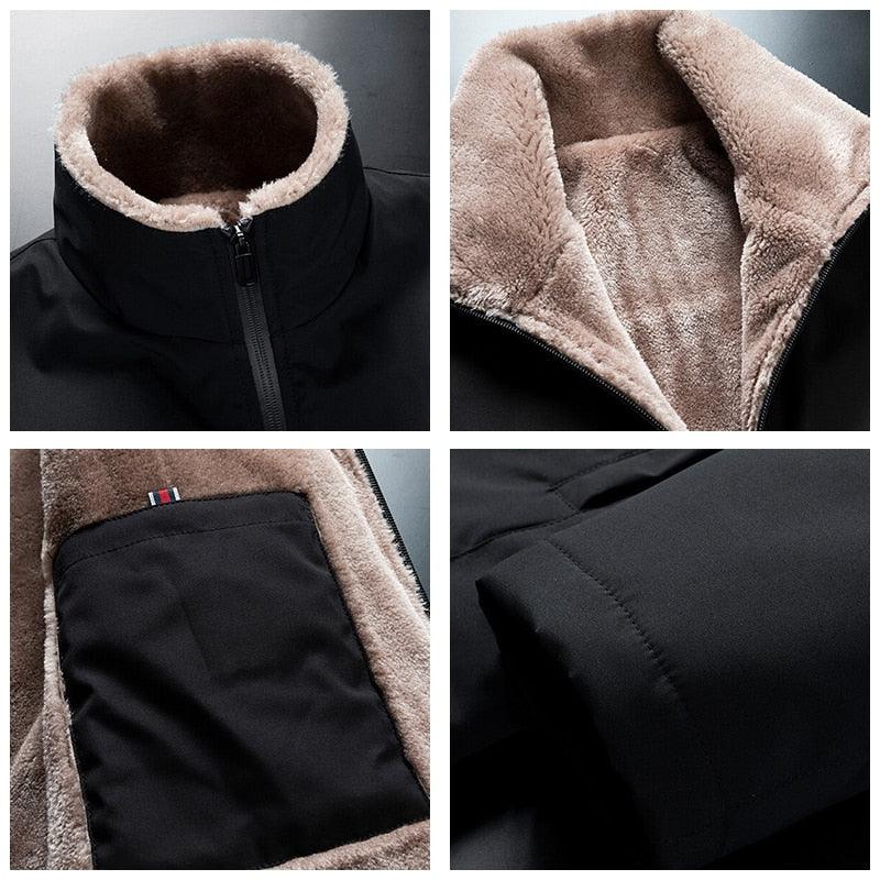Stevvex men's black fleece-lined winter jacket with tan sherpa lining and zip front on Tampa Home & Garden Store
