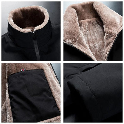 Stevvex men's black fleece-lined winter jacket with tan sherpa lining and zip front on Tampa Home & Garden Store