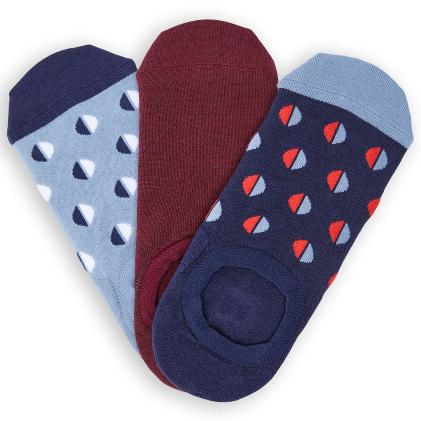 Warm F21 No-Show Sock 3-Pack DeadSoxy; blue with white triangles, maroon, navy pattern on Tampa Home & Garden Store