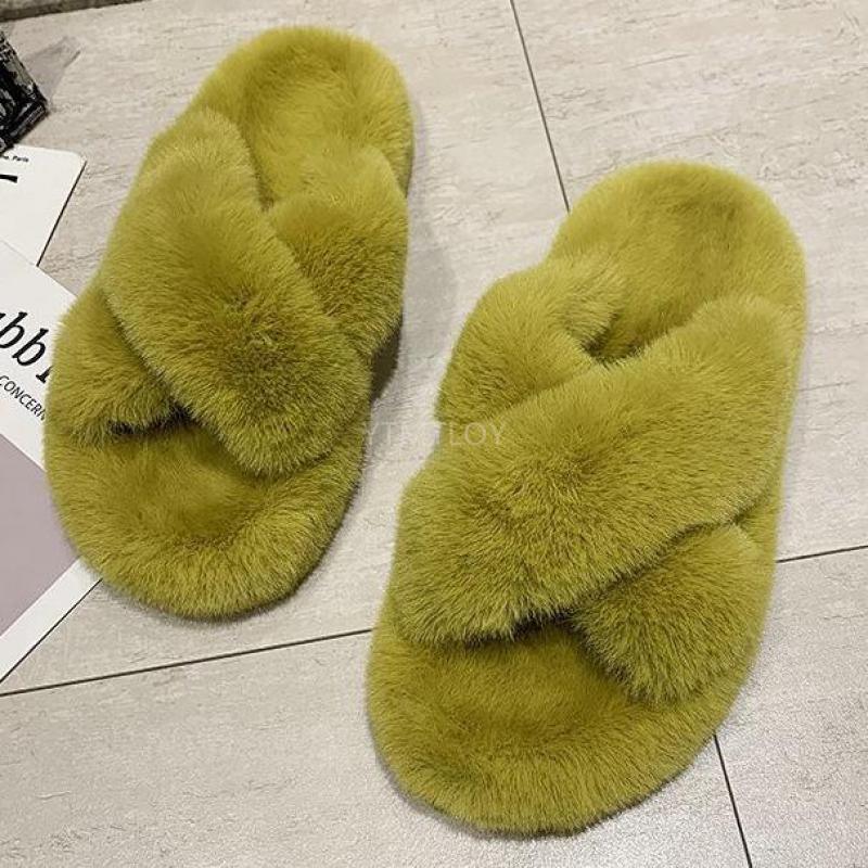 Stevvex lime green furry slippers pair with cross-band plush design and memory foam indoors on Tampa Home & Garden Store