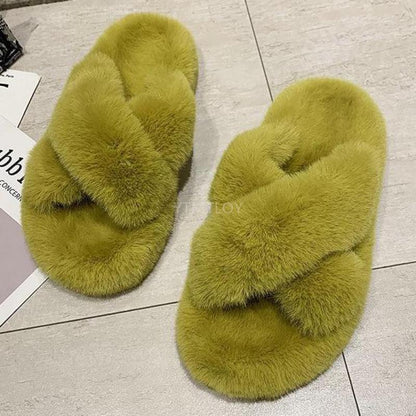 Stevvex lime green furry slippers pair with cross-band plush design and memory foam indoors on Tampa Home & Garden Store