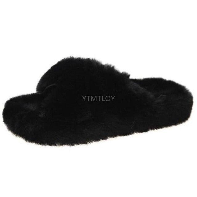 Stevvex black fluffy fur slippers open-toe cross-band slides memory foam indoor house shoes on Tampa Home & Garden Store