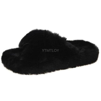 Stevvex black fluffy fur slippers open-toe cross-band slides memory foam indoor house shoes on Tampa Home & Garden Store