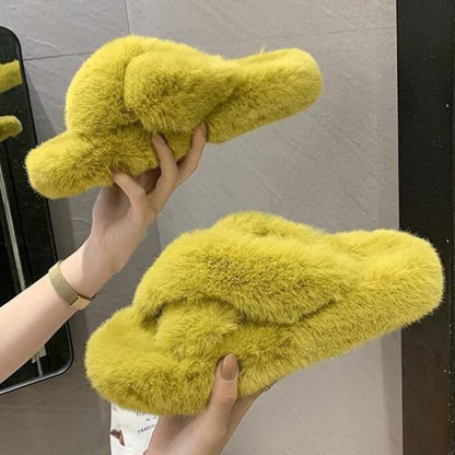 Fluffy fur slippers pair yellow cross-band slides with memory foam for indoor comfort on Tampa Home & Garden Store
