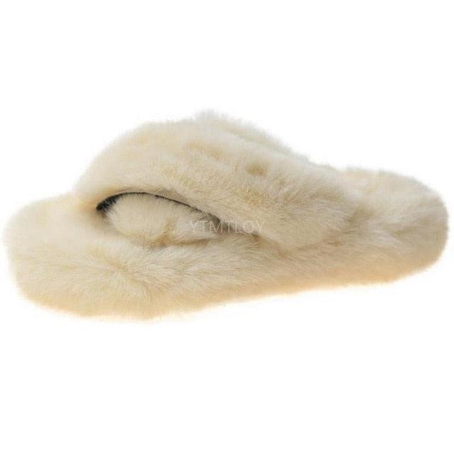Stevvex cream fluffy fur slippers cross-band memory foam house slipper on Tampa Home & Garden Store