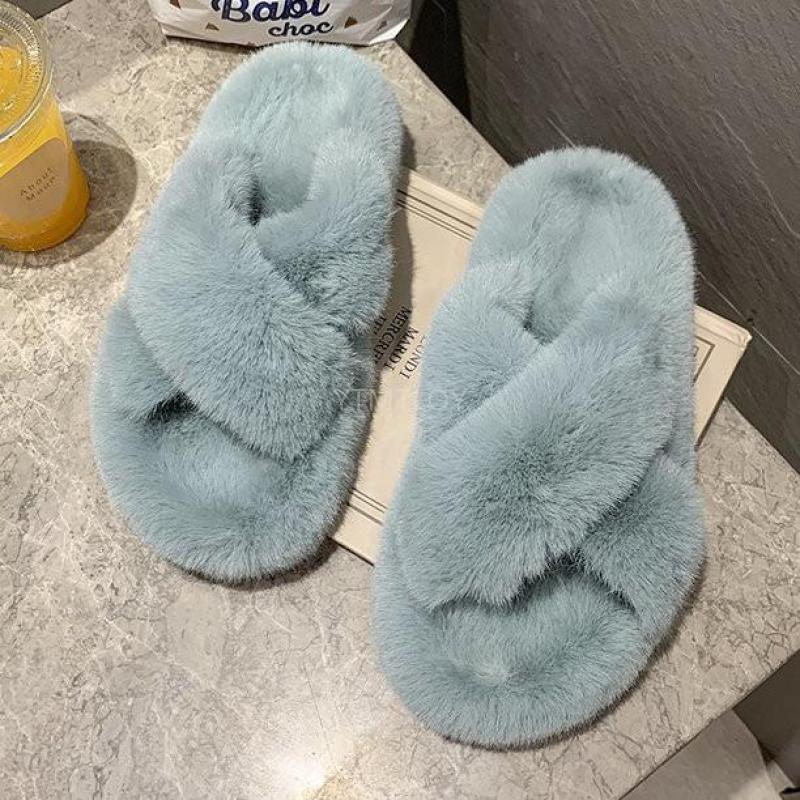 Stevvex blue fluffy fur slippers cross-band memory foam pair on Tampa Home & Garden Store