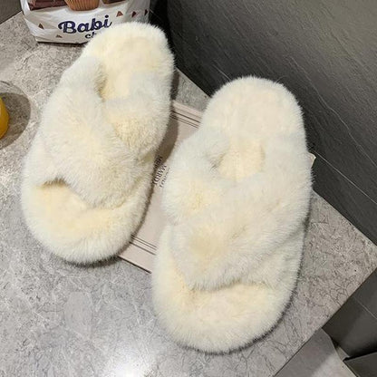 Fluffy ivory fur slippers with cross-band open-toe design indoor house slippers pair of 2 on Tampa Home & Garden Store