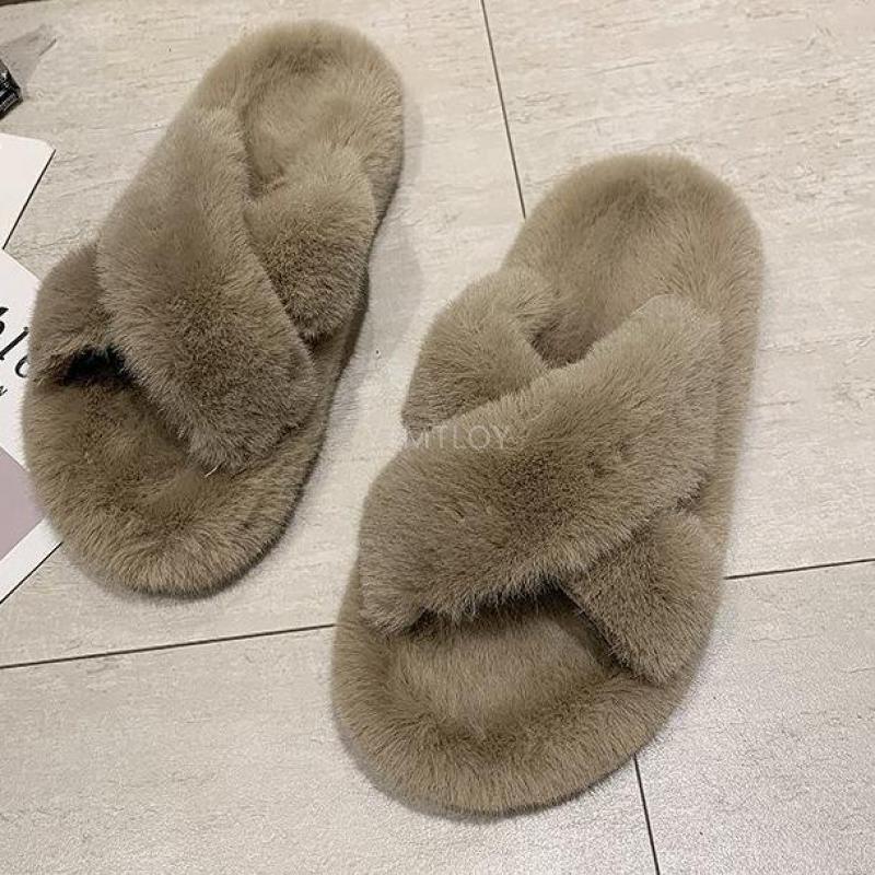 Warm fluffy fur slippers, Stevvex taupe cross-band open-toe indoor house shoes pair on Tampa Home & Garden Store