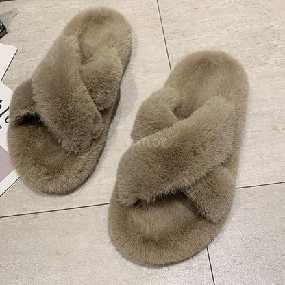 Warm fluffy fur slippers, Stevvex taupe cross-band open-toe indoor house shoes pair on Tampa Home & Garden Store
