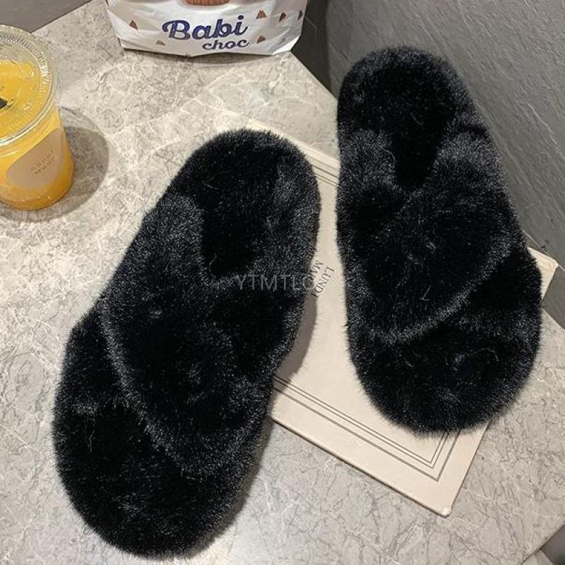 Slippers Stevvex black fluffy fur with plush cross-band straps for indoor use memory foam on Tampa Home & Garden Store