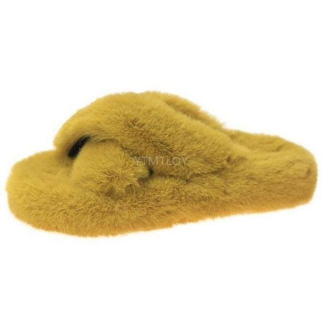 Warm fluffy fur slippers Stevvex mustard yellow cross-band indoor slipper on Tampa Home & Garden Store