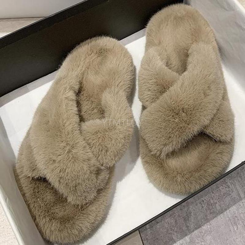 Stevvex beige fluffy fur slippers pair with cross-band design and memory foam comfort on Tampa Home & Garden Store