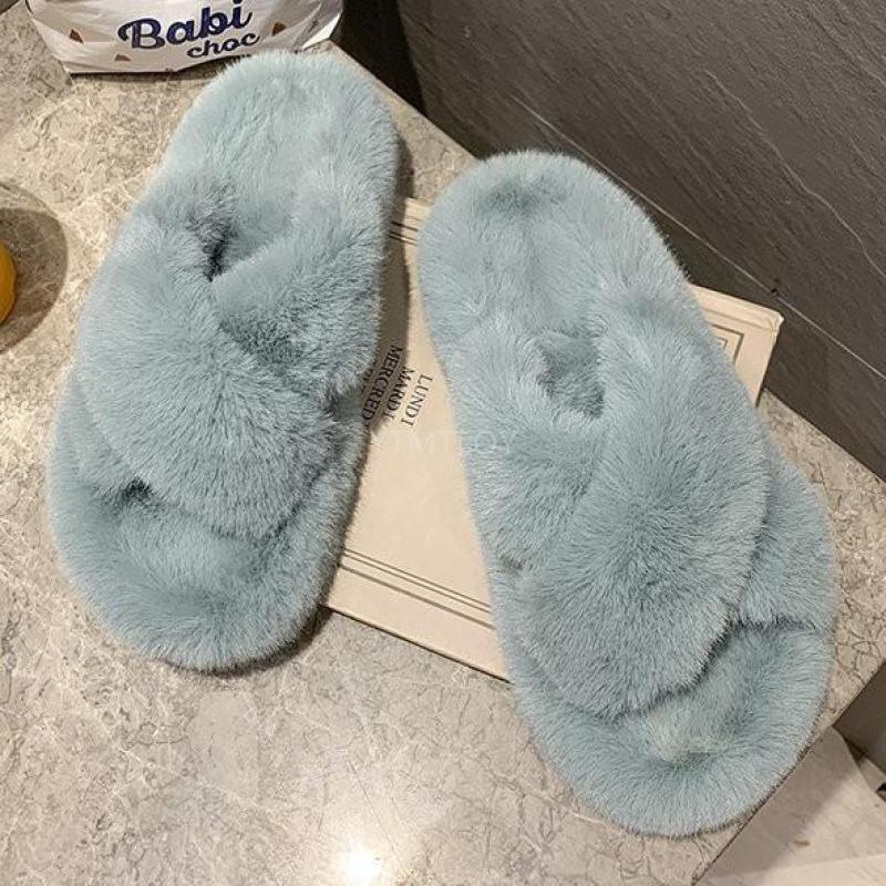 Stevvex light blue fluffy fur slippers for women, open-toe plush memory foam slides on Tampa Home & Garden Store