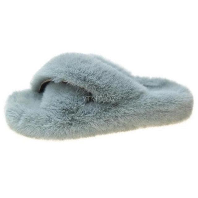 Fluffy fur slippers Stevvex blue-gray open-toe cross-band memory foam house shoe on Tampa Home & Garden Store
