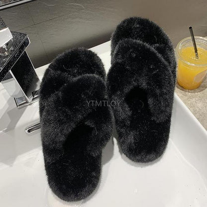 Stevvex two black fluffy faux-fur slippers, closed-toe indoor house shoes on Tampa Home & Garden Store