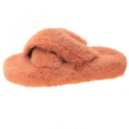 Stevvex open-toe cross-band fluffy fur slippers in coral pink memory foam comfort for indoor wear on Tampa Home & Garden Store