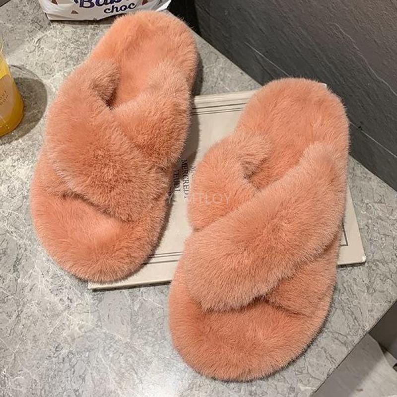 Stevvex fluffy fur slippers peach pink cross-band open-toe memory foam indoor house shoes on Tampa Home & Garden Store