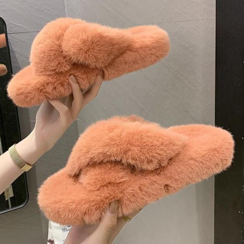 Stevvex peach fluffy fur slippers with cross-band design memory foam indoor house slippers on Tampa Home & Garden Store