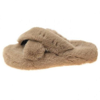 Slippers Stevvex warm fluffy fur cross-band open-toe brown fleece indoor house shoes on Tampa Home & Garden Store