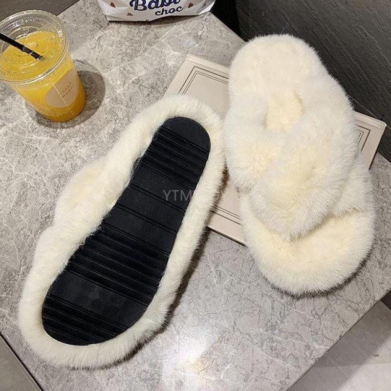 Stevvex white fluffy fur slippers with cross-band plush slides for indoor wear pair on Tampa Home & Garden Store