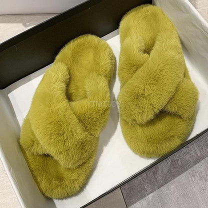 Stevvex warm fluffy fur slippers lime green cross-band open-toe slides plush memory foam on Tampa Home & Garden Store