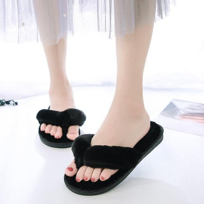 Stevvex black faux-fur cross-band fluffy slippers for women pair open-toe indoor footwear on Tampa Home & Garden Store