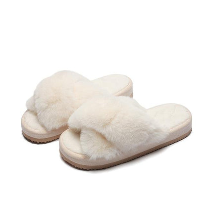 Women's cream faux fur cross-band slippers, cozy open-toe indoor slides with plush lining on Tampa Home & Garden Store