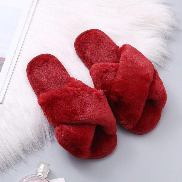 Pair of Stevvex red faux-fur cross-band slippers for women open-toe plush indoor slides on Tampa Home & Garden Store