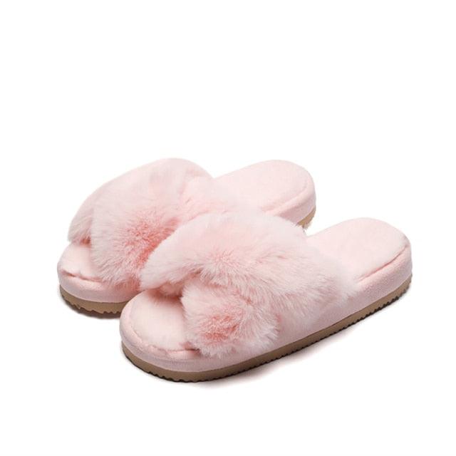 Stevvex pink fluffy cross-band faux fur slippers for women indoor slide sandals on Tampa Home & Garden Store