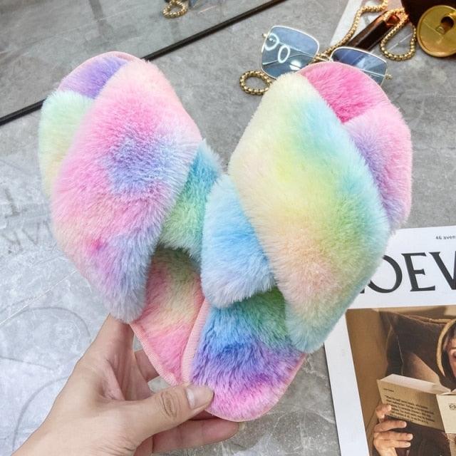 Stevvex rainbow pastel fluffy slippers with cross-band faux fur open-toe indoor house slippers on Tampa Home & Garden Store