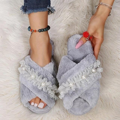 Stevvex women's fluffy slippers in light gray faux fur with cross band ruffle pearls on Tampa Home & Garden Store