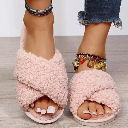 Pair of Stevvex pink fluffy cross-band slippers with faux fur open-toe indoor slides on Tampa Home & Garden Store