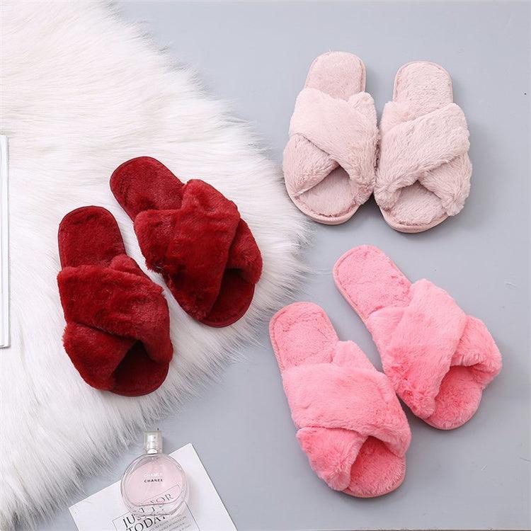 Stevvex fluffy cross-band faux fur slippers for women in red pink blush house slides on Tampa Home & Garden Store