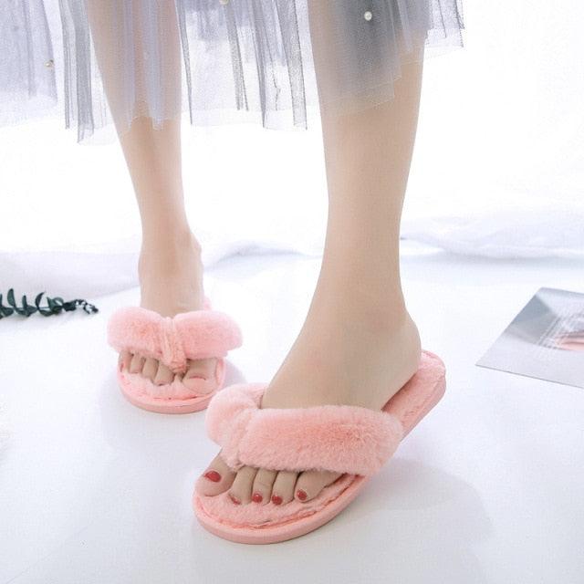 Stevvex pink fluffy cross-band slippers with faux fur open toe indoor pair on Tampa Home & Garden Store
