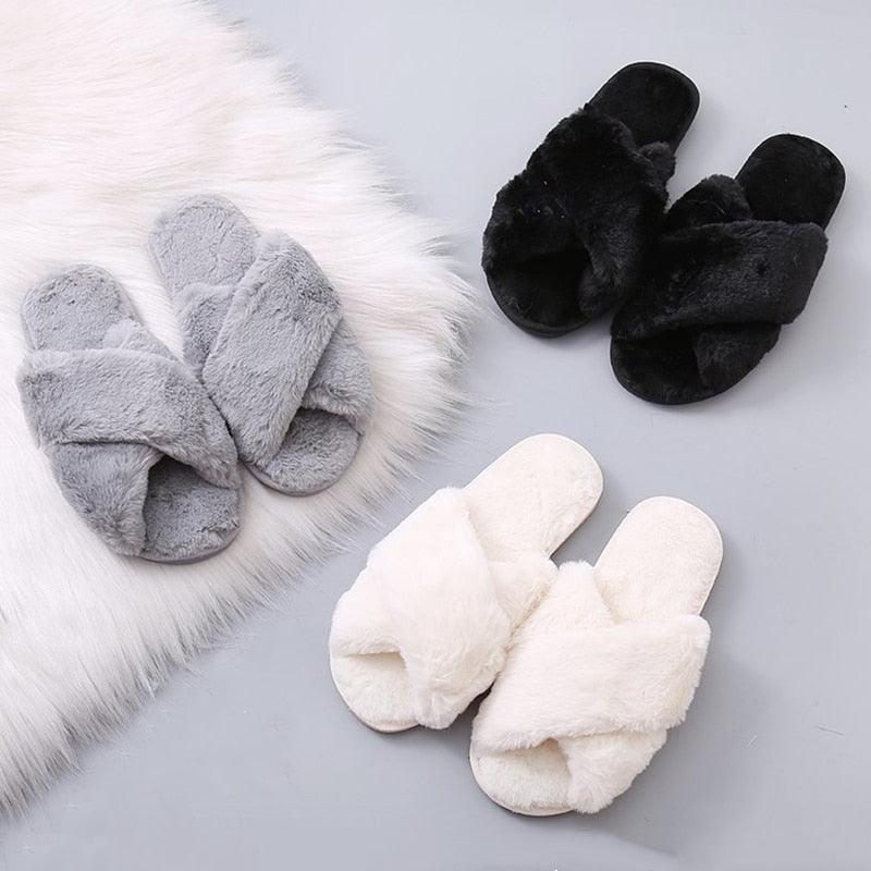 Stevvex warm fluffy slippers cross-band faux fur indoor slides for women in gray, black, or white on Tampa Home & Garden Store